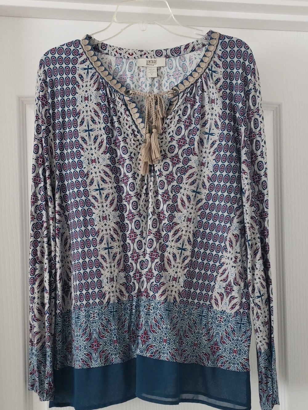 Vintage America Blue and Gray Printed Tassel Peasant Tunic - Picture 1 of 8